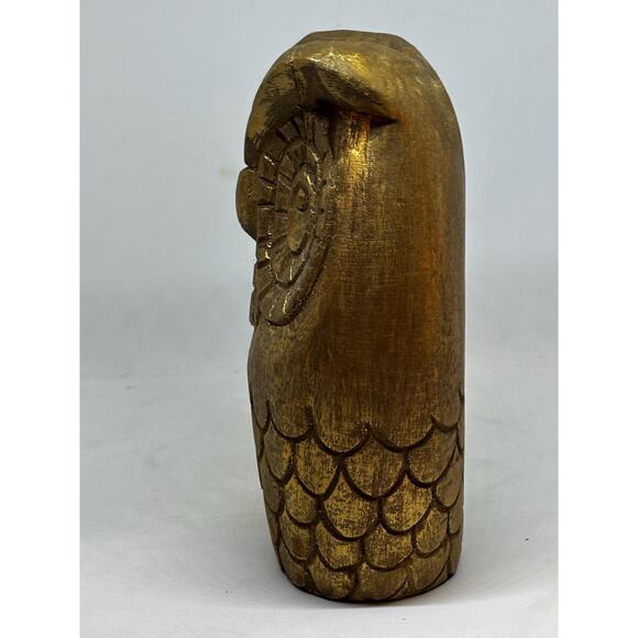 Solid Wood Hand Carved Owl Painted Gold With Black Felt bottom Green Front - Picture 5 of 9